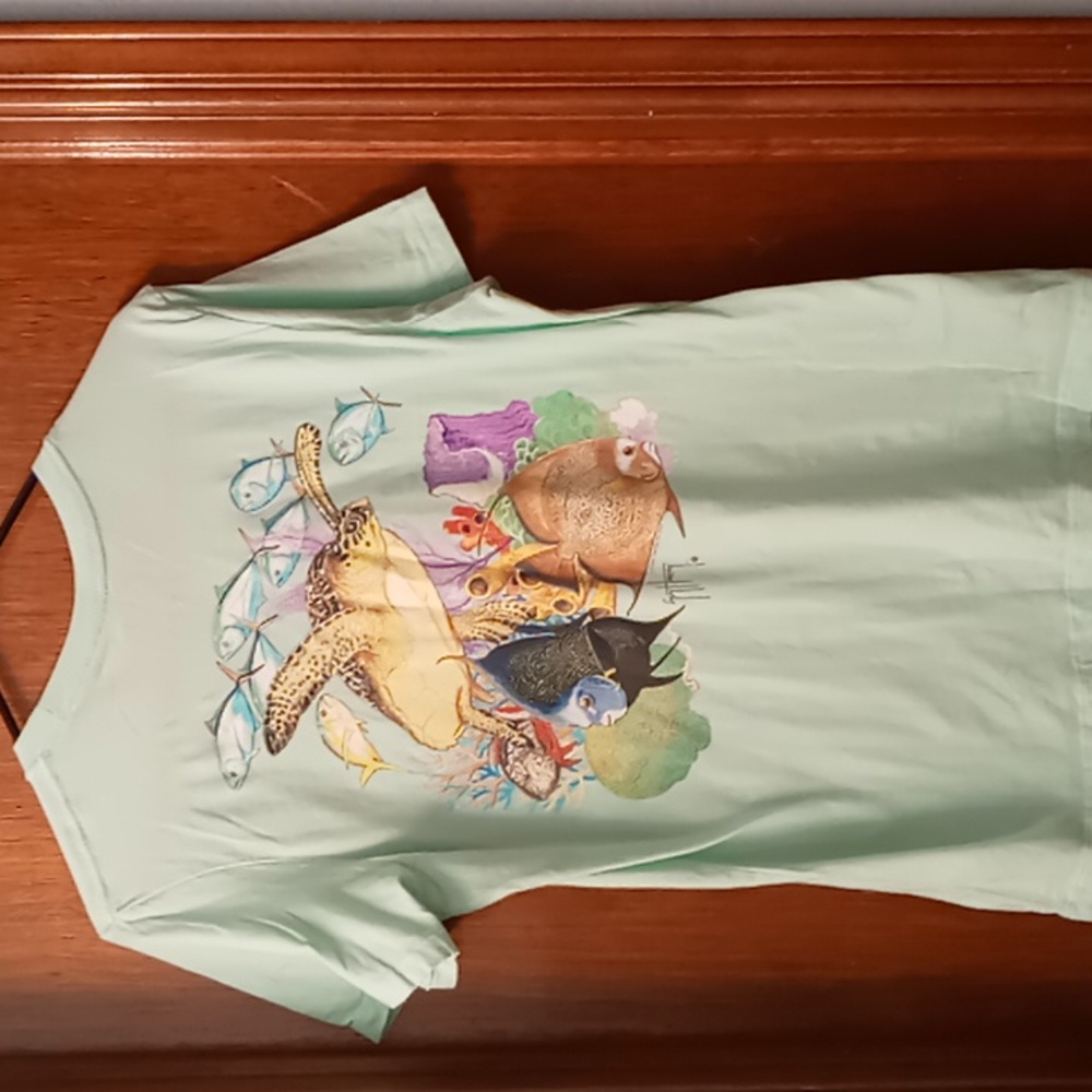 Guy Harvey Women's Tee Shirt Size S Beach Tropical Sea Turtle Fish treasure box_